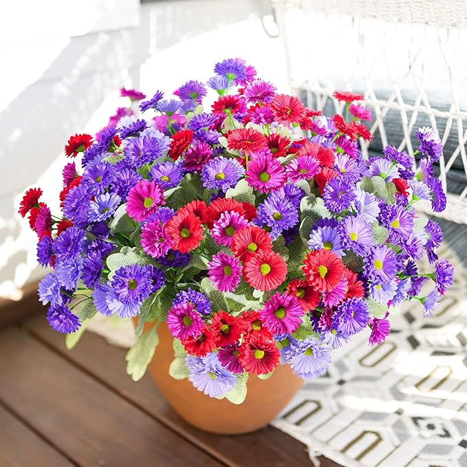HyeFlora Artificial Flowers for Outdoors Spring Summer Decor, 6 Bundles Fake Daisy Silk Flowers for Outside Realistic UV Resistant Outdoor Faux Plants for Planters Porch Patio Garden Yard Home, Mixed