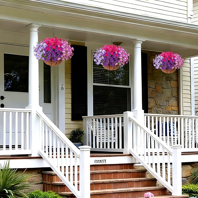 INSPRING Artificial Outdoor Flowers Hanging Baskets Faux Plants Spring Decoration, UV Resistant Fake Silk Morning Glory in Planter Look Real Petunias for Outside Patio Porch Balcony Garden Home, 4Mix