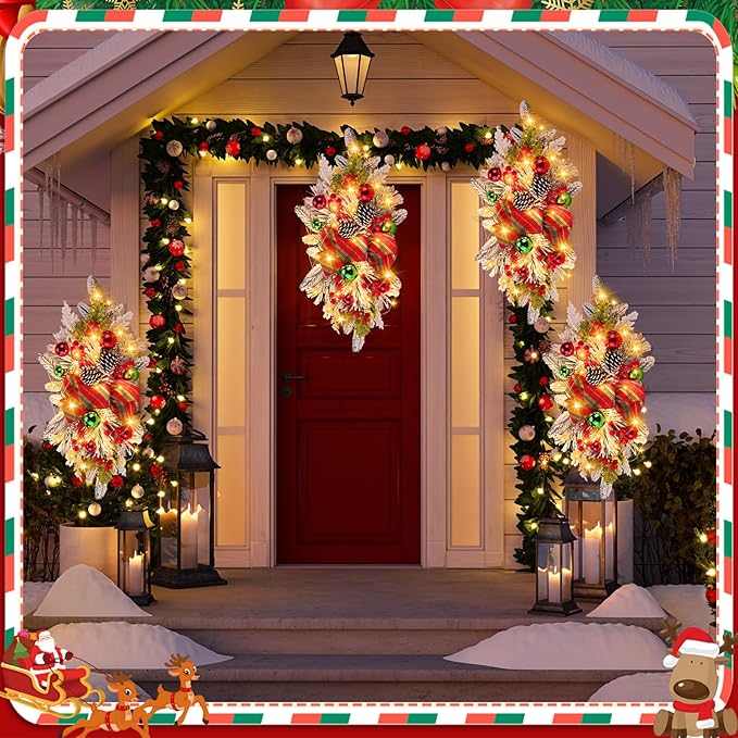 Lyrow 4 Pcs Cordless Prelit Christmas Artificial Swags 24" Xmas Stairway Swag Teardrop Trim Christmas Staircase Decoration Battery Operated Garland Indoor Outdoor Railing Decor(Classic Style)