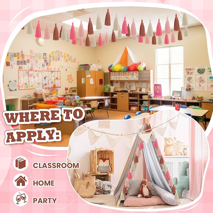 WILLBOND 4 Pieces Valentine's Day Tassel Garland for Classroom Wall Decor Boho Pastel Garland Cotton Tassel Banners for Party School(6.2 Inch,Cute Colors)