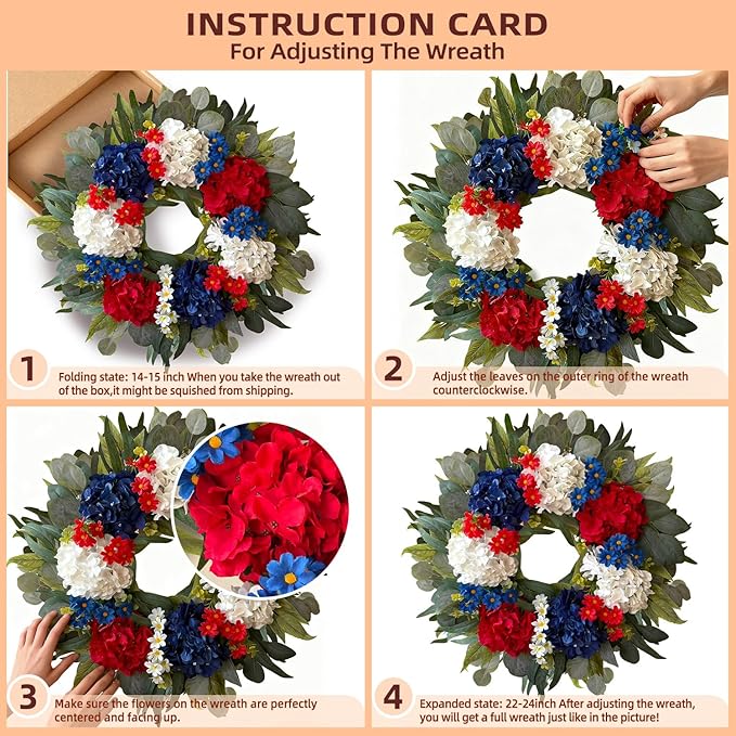WANNA-CUL 250th Year Patriotic Wreaths for Front Door Decorations, 24 Inch 4th of July Hydrangea Wreath, Red White Blue Spring Door Wreath for Independence Day, Memorial Day for Indoor Outdoor Decor