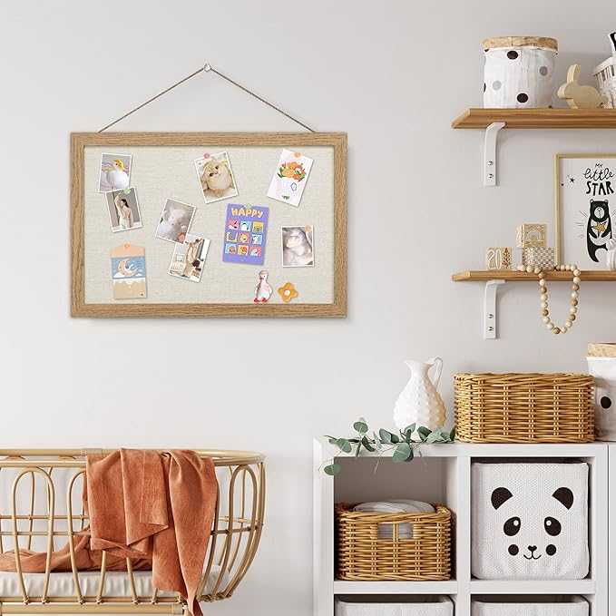 AKTOP Cork Board Bulletin Board with Linen 16.7" X 11", Small Framed Corkboard for Wall, Hanging Pin Board Picture Board for Home Office Decor, Cute Vision Board with 8 Pushpins (Carbonized Black)
