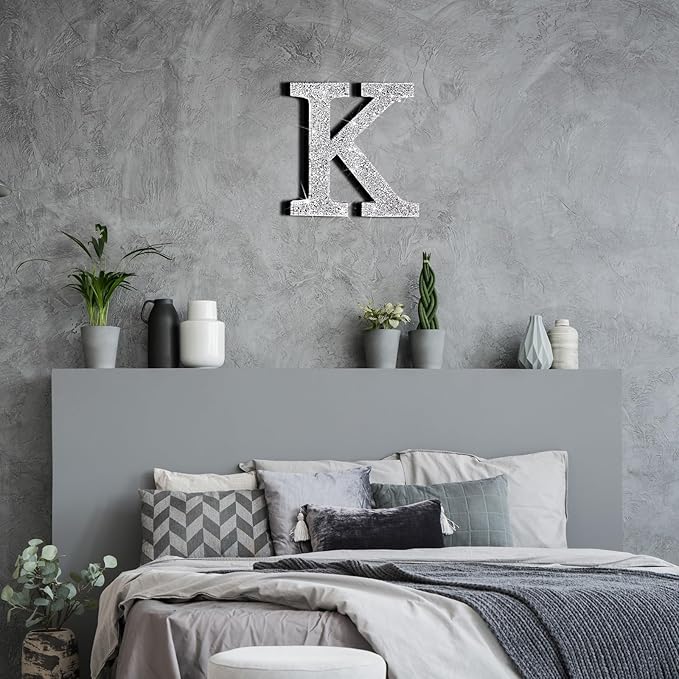 Qunclay 8'' Silver Crystal Diamond Bling Letters Crushed Diamond Decoration Wooden Glitter Letter with Screw and Hooks Rhinestone Gift for Wedding Y2k Mcbling Bedroom Wall Decor (Letter K)