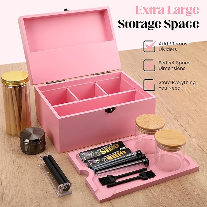 Large Bamboo Storage Box with Removable Tray Kit - Decorative Box Set, Glass Jars, and Accessories Wooden Storage Kit and Accessories Tool.Birthday Gifts