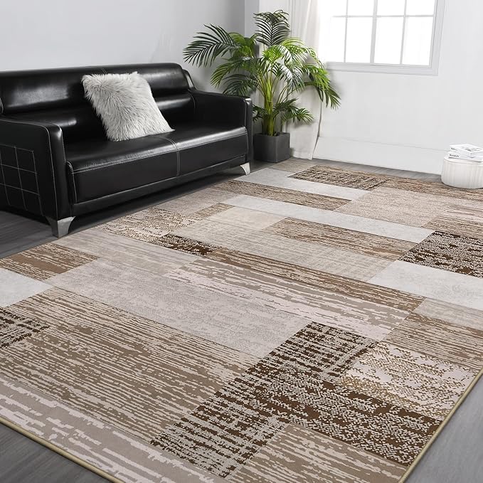 FlyDOIT Modern Geometric Patchwork Area Rug, 6x9 Beige Large Rugs for Living Room, Rockwood Collection Indoor Rugs for Bedroom, Throw Carpet Floor Decor for Entryway Dining Room Office Nursery