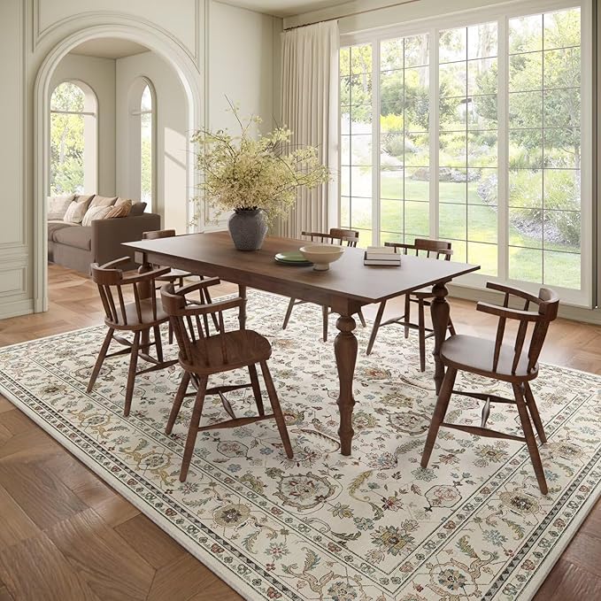 Washable 8x10 Area Rugs for Living Room, Boho Non-Slip Vintage Distress Large Rugs for Bedroom Dining Room Nursery Office, 0.3" Neutral Oriental Throw Thin Carpet, Beige/Rust/Green/Multi
