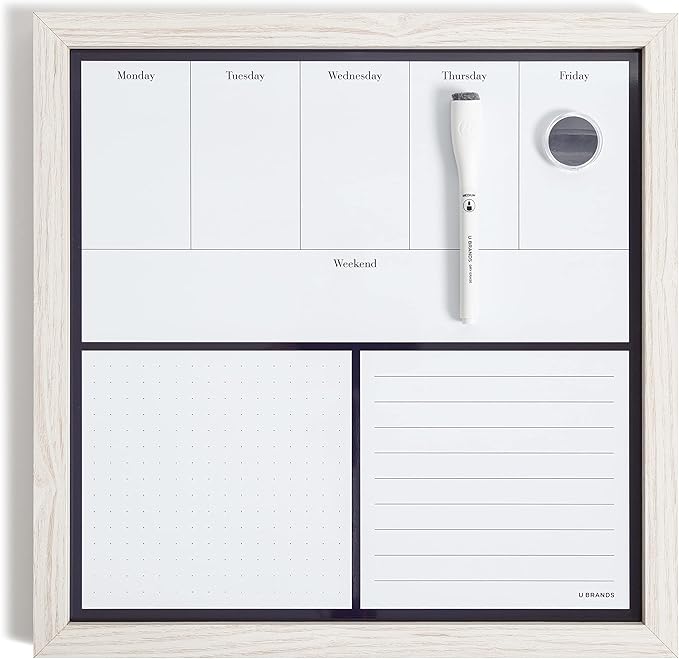 U Brands Rustic Weekly Dry Erase Board with White Wooden Frame, Office Supplies, 14” x 14”