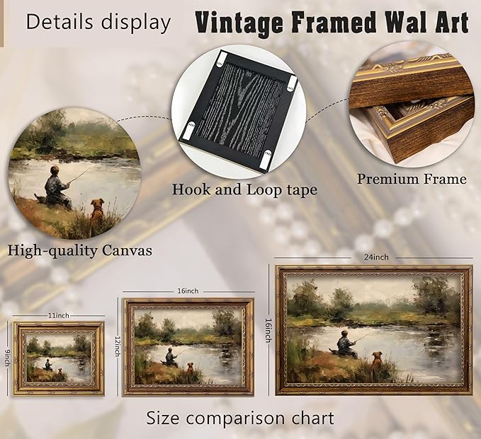 Vintage Gold Framed Wall Art Boy Fishing Country Oil Painting Canvas Prints Peaceful Lake Landscape with Dog Picture Rustic Farmhouse Poster Artwork for Nursery Living Room Bedroom, 9x11in