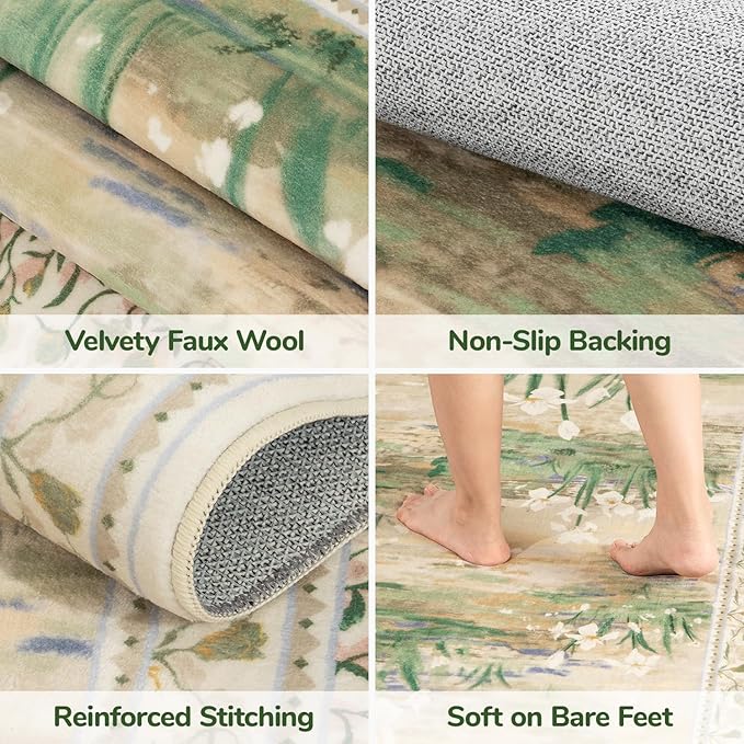 Lessymo Floral Large Area Rug 9x12, Living Room Washable Area Rugs Non Slip Boho Low Plie Large Carpet for Bedroom Dining Room Home Office, Vintage Boho Farmhouse Moody Aesthetic Carpet, Beige Sage