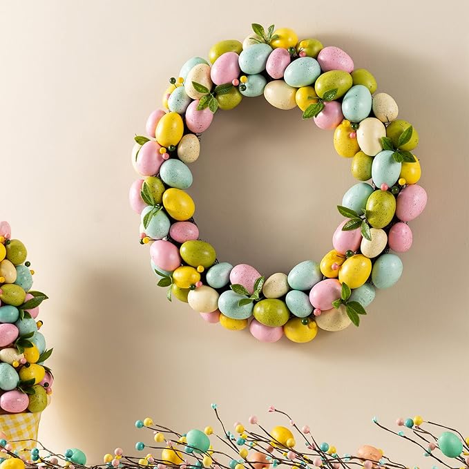 Glitzhome 18" Easter Wreath with Eggs Spring Front Door Decoration Artificial Eggs Wreath for Home Party and Holiday Celebrations