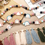 Hahafelt 4 Pcs Sage Green Boho Tassel Garland Wood Bead Tassel Garland Colorful Felt Rainbow Pom Pom Banner Nursery Room Holiday Decoration Retro Wall Hanging Bunting Banner for Home Bedroom Decor