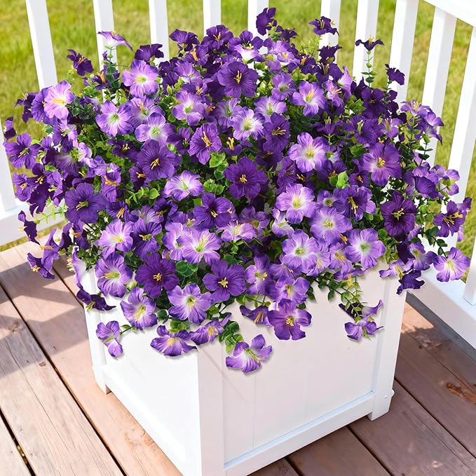 INQCMY Artificial Fake Flowers for Outdoor Spring Decoration,12 Bundles Faux Silk Colorful Morning Glory with Eucalyptus UV Resistant Realistic Fake Plants for Outside Planter Porch Patio Yard Garden