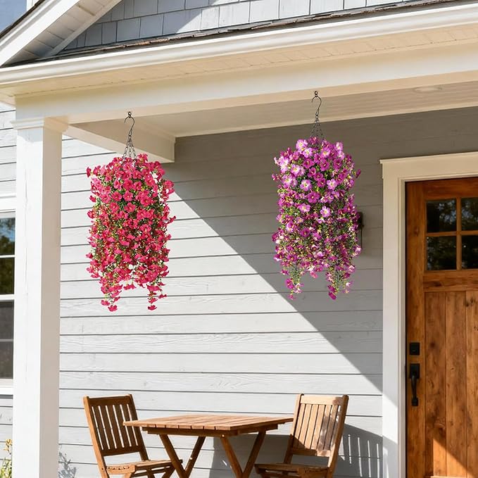 Artificial Hanging Flowers Plants for Outdoor Spring Summer Decoration, 2PCS Faux Silk Morning Glory UV Resistant Look Real for Outside Home Indoor Planter Porch Garden Yard Decor(Rose Red)