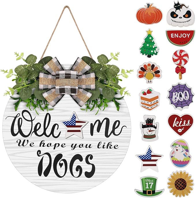 Interchangeable Wooden Seasonal Welcome Wreath, Rustic Round Dogs Front Door Wreaths for Home/Wall/Porch/Farmhouse Decor, for Easter Spring Summer Fall Halloween Christmas All Season Decorations