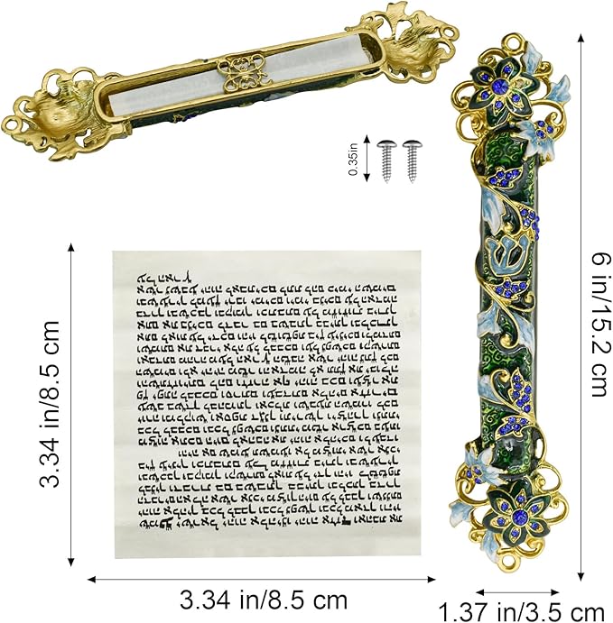 Mezuzah with Scroll for Door, Enamel&Zinc Alloy Blessing Mezuzah Case for Door, Colored Painted Mezuzha Scroll Kosher for Jewish Gifts/Jewish Decor, Christmas (Dark Green, 1.37x5.98 in)