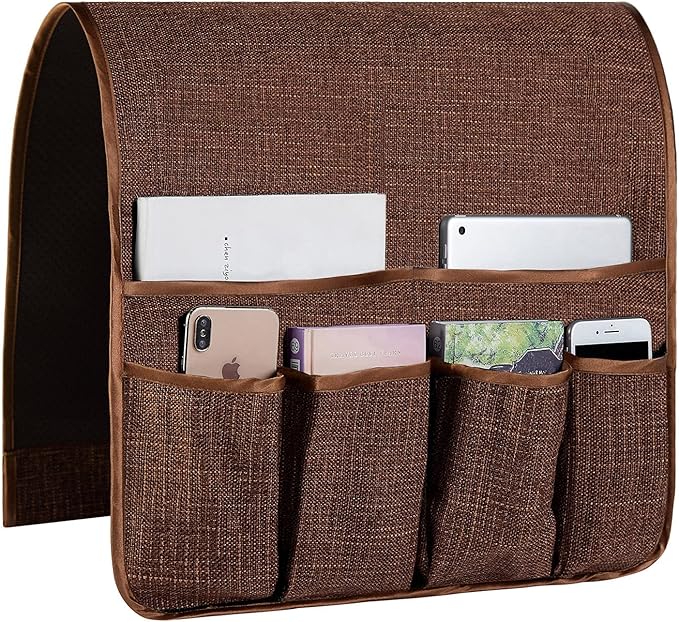 Sofa Armrest Organizer Non-Slip Arm Chair Hanging Caddy Remote Control Holder for Magazine,Tablet, Phone, Books, Glasses (B-Coffee(19'')