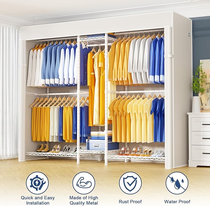 Ulif E12C Pro Heavy Duty Closet Organizer System，Freestanding Clothing Racks for Hanging Clothes，Adjustable Garment Rack 71"W x 16"D x 76.5"H Hold 960lbs，White Clothing Rack with White Dustproof Cover