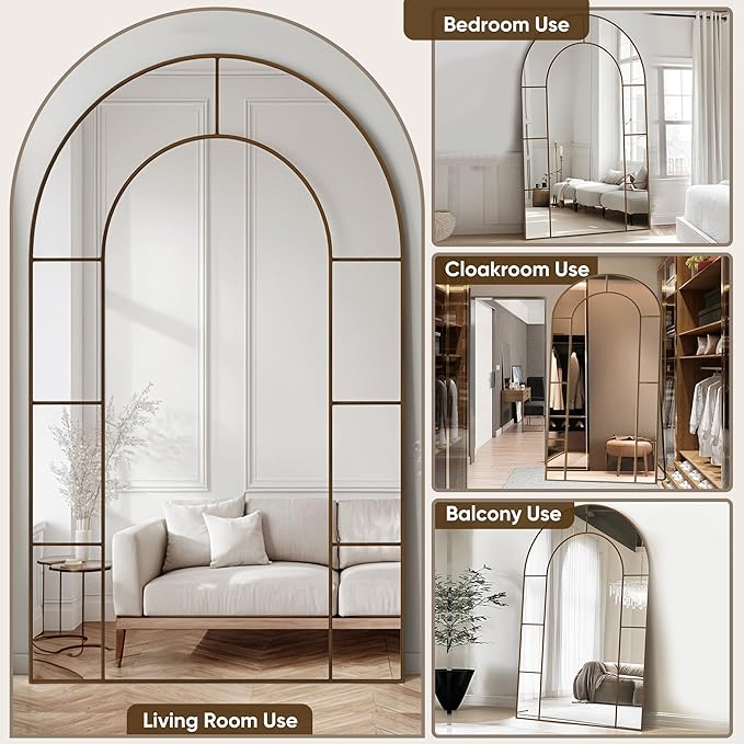 Antok 81" x 41" Full Length Mirror, Floor Mirror Arched Window Decorative Mirror, Metal Framed Decor Farmhouse Floor Mirrors Art Pane Mirrors Wall Decor for Bedroom, Living Room, Entryway Black