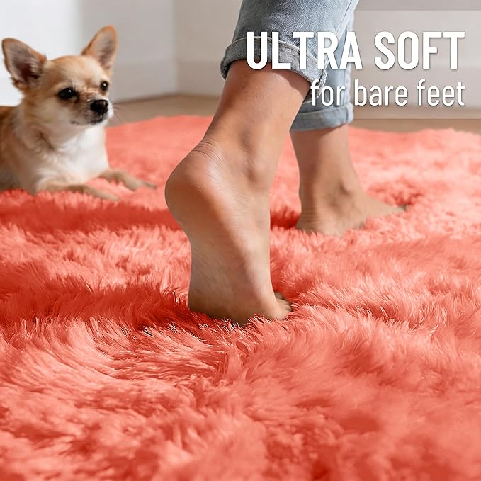 OLANLY 3x5 Machine Washable Small Bedside Rug, Soft Fluffy Shaggy Rugs for Living Room, Bedroom, Indoor Floor Carpet for Kids Girls and Boys, Preppy Dorms, Nursery, Home Decor Aesthetic, Coral Red