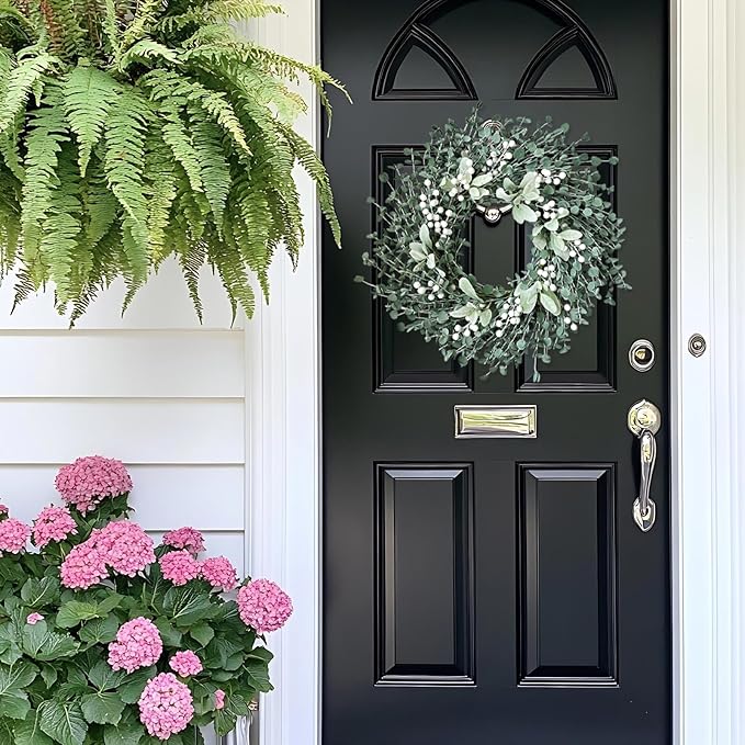 Jasuline 24 Inch Eucalyptus Wreaths for Front Door - Summer Spring Boxwood Greenery Leaves Wreath with Lambs Ear & White Berries, All Season Outdoor Hanging Decor for Indoor Porch Window Wall