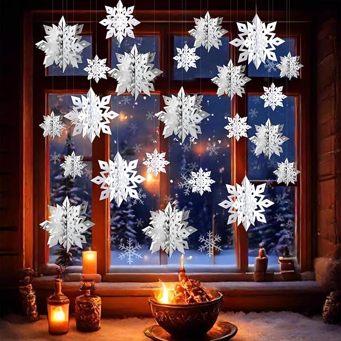OuMuaMua Winter Christmas Snowflake Decorations Indoor, 24PCS 3D Large White and Silver Snowflakes Hanging Ornaments for Home Xmas Christmas Holiday Winter Wonderland New Year Party Decorations