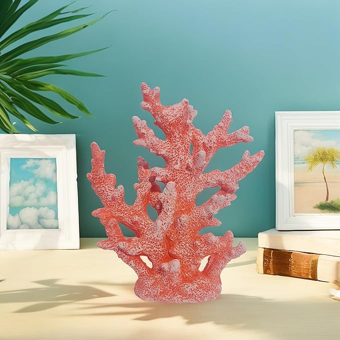 Etlemonde Beach Coastal Decor Coral Reef Home Decor Statue Sculpture Home,Desk,Bathroom,Desktop Shelf Statue,Marine Themed Gifts (Red Orange Coral)