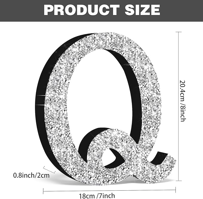 Qunclay 8'' Silver Crystal Diamond Bling Letters Crushed Diamond Decoration Wooden Glitter Letter with Screw and Hooks Rhinestone Gift for Wedding Y2k Mcbling Bedroom Wall Decor (Letter Q)
