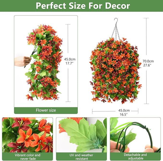 INQCMY Artificial Hanging Flowers Decoration, 4pcs Fake Floral Basket Plants for Outdoor Porch, Faux Shrubs Home Spring Decor UV Resistant Potted Violets for Outside Garden No Fade
