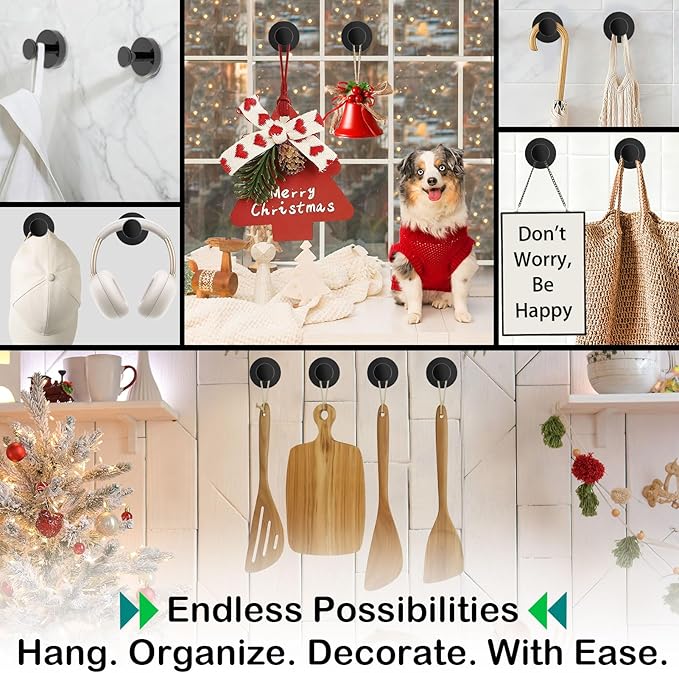 Black Wreath Hangers for Front Door Decor, 22LB Strong Suction Cup Garland Hooks for Christmas Easter Valentine Decorations, Wreath Door Hanger for Glass Window Indoor Outdoor, Reusable Garland Hanger