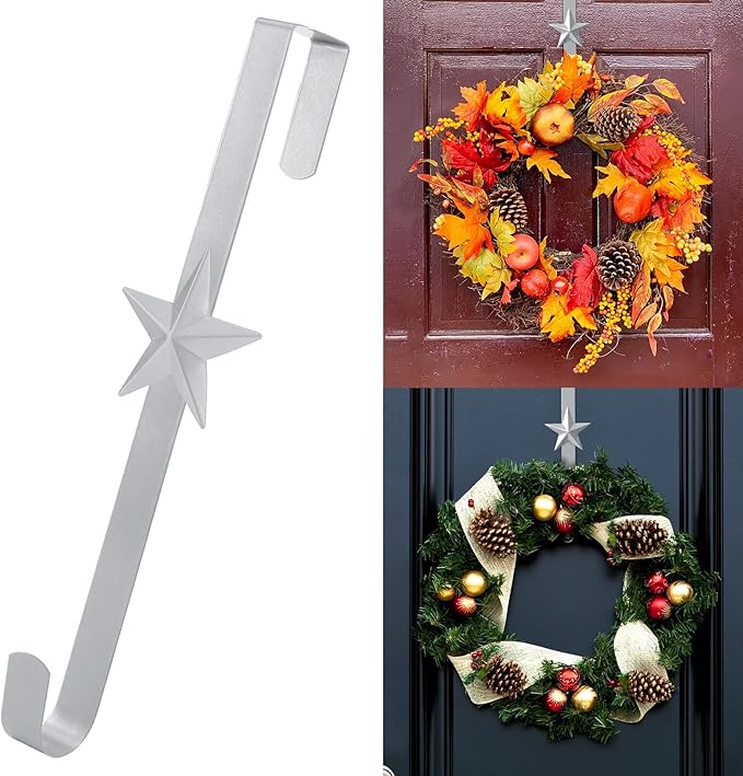 15 inches Christmas Decorative Wreath Hangers for Front Door;Over the Door Hooks (Silver, Five-Pointed Star)