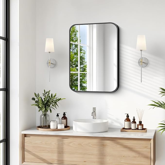 BONEWEI 16x20 inch Bathroom Mirror,Black Rectangle Mirror,Wall Mounted Bathroom Frame Vanity Mirror with Round Corner for Bedroom Living Room,Entryway Hangs Horizontal or Vertical