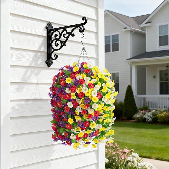 Artificial Fake Hanging Flowers Basket for Spring Decor, Faux Silk Flower in Planter for Summer, Outdoor Artificial Floral for Home Porch Yard(Yellow White Purple Red)