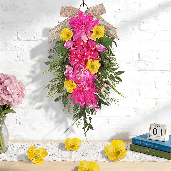 2 Pcs Pink Teardrop Swag Wreaths for Front Door 23.6" Hydrangea Floral Swag Wreath with Dahlia Tulip Summer Spring Swags for Front Door Porch Wall Window Farmhouse Decorations