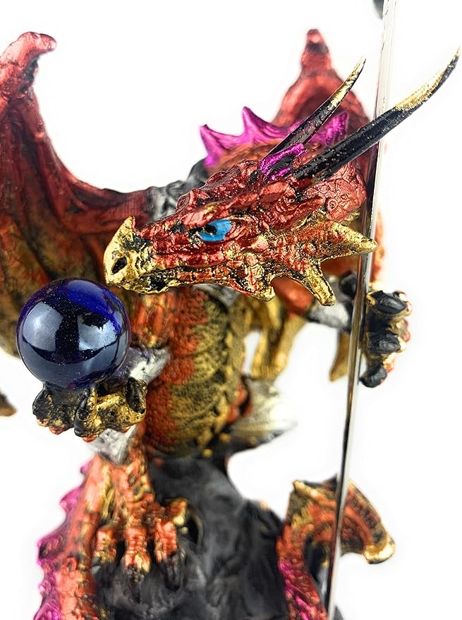 Ain't It Nice Dragon Statue with Medieval Sword and Crystal Ball - Collectible Dragon Figurine, Red - 4(L) 3.5(W) 7(H) inches