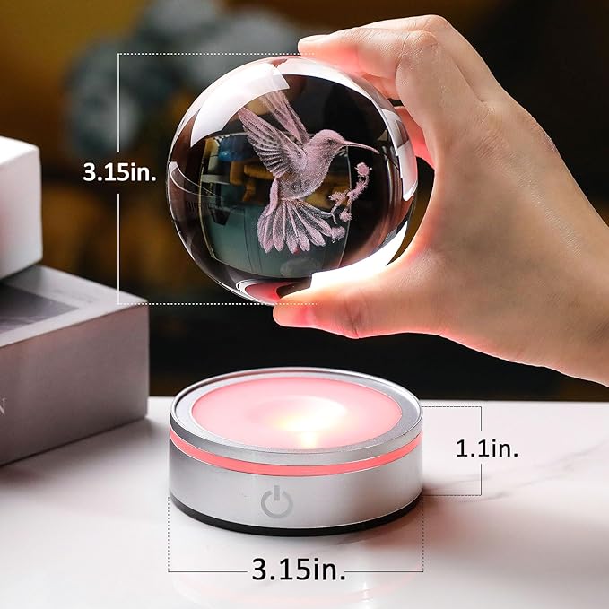 Movdyka 3D Crystal Ball Hummingbird Gifts for Women Men Glass Humming Bird Ornament Animals Figurine Home Decor with Colorful LED Base for Hummingbird Nature Lovers on Birthday Christmas- 3.15"/8CM