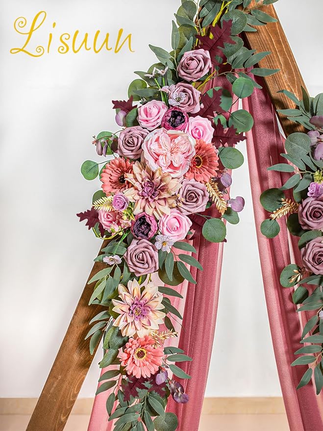 Lisuun Wedding Arch Flowers, Artificial Flowers for Decoration, 2pcs Flower Swag and 1 pcs Semi-Sheer Chiffon Table Runner Swag for Beautiful Dream Wedding Ceremony Floral Decor - Pack of 3