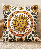 Embroidered Throw Pillow Cover 18x18 Inch - Spring Summer Boho Decorative Pillow Cover with Zipper for Living Room Couch Sofa Bed Aesthetic Design Sunflower Moon Cushion Pillowcase