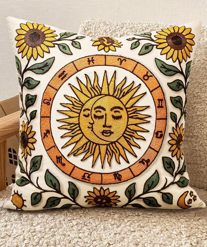 Embroidered Throw Pillow Cover 20x20 Inch - Spring Summer Boho Decorative Pillow Cover with Zipper for Living Room Couch Sofa Bed Aesthetic Design Sunflower Moon Cushion Pillowcase