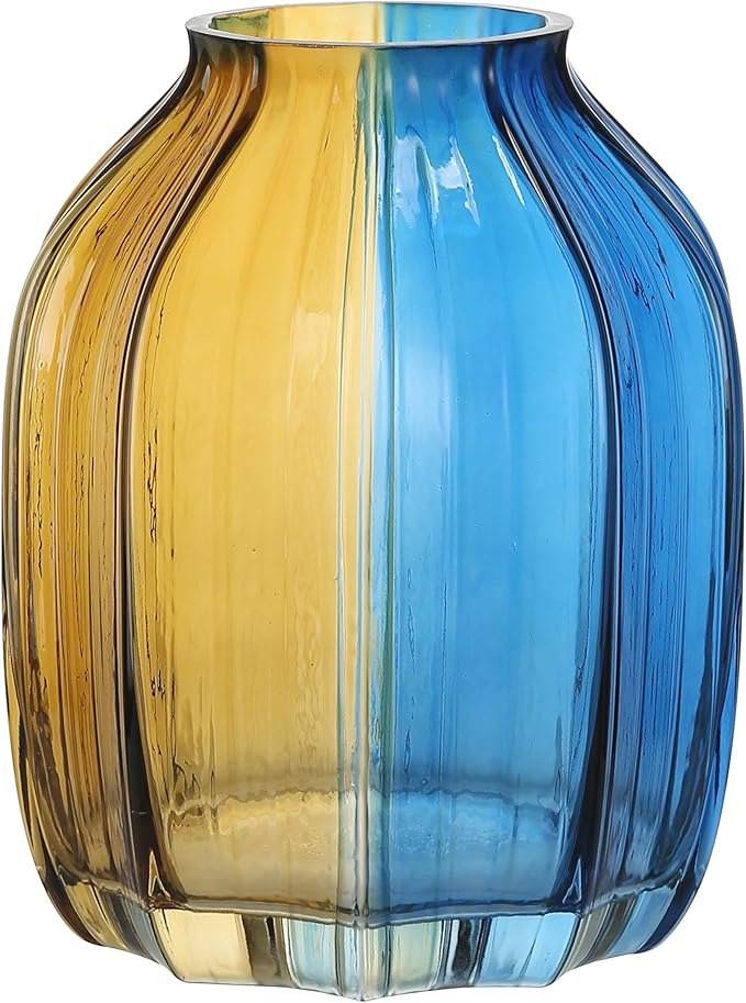 Christmas Flower Glass Vase Blue Gold Two-Toned Floreros Unique Decorative Vase 8.0" Vases Decorations for Centerpieces, Home Decor,Bouquet,Holiday Table