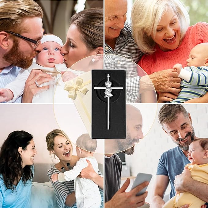 Baby Wall Cross Baptism Gifts for Boys, 7-inch Silver Praying Catholic Boy Baptism Crosses for Christening, First Holy Communion & Baby Dedication Gifts, Baptismal Cross Newborn Nursery Decor