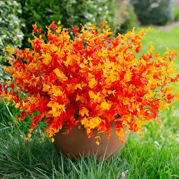Artificial Fake Fall Autumn Eucalyptus Plants Flowers for Outdoor Outside Decoration, Faux Silk Orange Boxwood Look Real UV Resistant for Home Porch Patio Planter Decor，12 Bundles