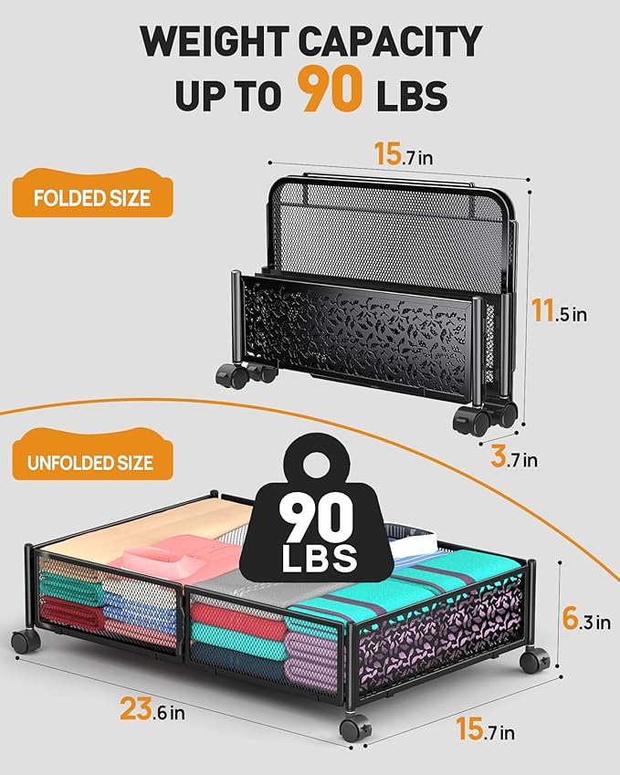 Under Bed Storage With Wheels, 2 Pack Foldable Pattern Carved Metal Under Bed Storage Containers, 60L Rolling Underbed Storage, Easy Assembly Under The Bed Storage for Shoes, Clothes, Blankets...