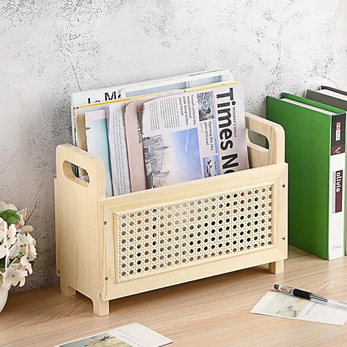 BTSKY Wooden Magazine Rack with Built-in-Handle, Desktop Magazine Holder Modern Rattan Hollow-out Design Mail Organizer, Assembly File Holder Letter Holder Floor Rack for Home & Office, Natural