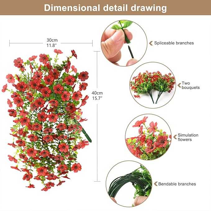 Artificial Hanging Flowers for Outdoors Spring Decoration, 2PCS Silk Fake Daisy Realistic Outdoor Flowers UV Resistant Porch Patio Window Yard Decor(Red)