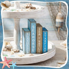 Lineshading 4 Pcs Summer Table Decoration Wooden Book Coastal Beach Decoration Blue and White Summer Tiered Tray Decor Wood Book Sign Farmhouse for Ocean Party Home Shelf Coffee Table