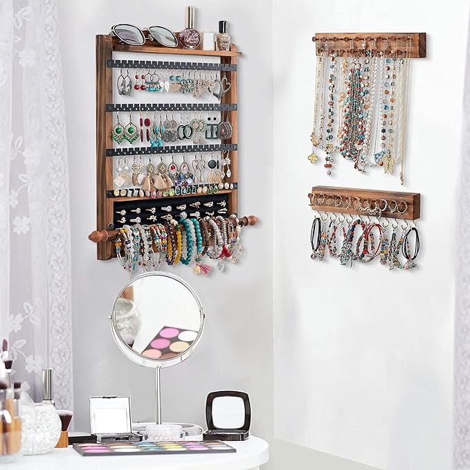 QILICHZ 3Pcs Jewelry Organizers and Storage,Wood Earring Organizer,Hanging Jewelry Organizer,Rustic Wall Jewellery Organizer,Wall Mounted Earring Holder for Storage Display Gift (Brown+Black)