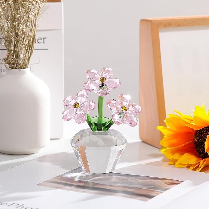 Qianwei Pink Forget Me Not Crystal Flowers - Sympathy Glass Flowers Collectible Figurines Decor Paperweight Ornament Home Office Table Desk Decorations