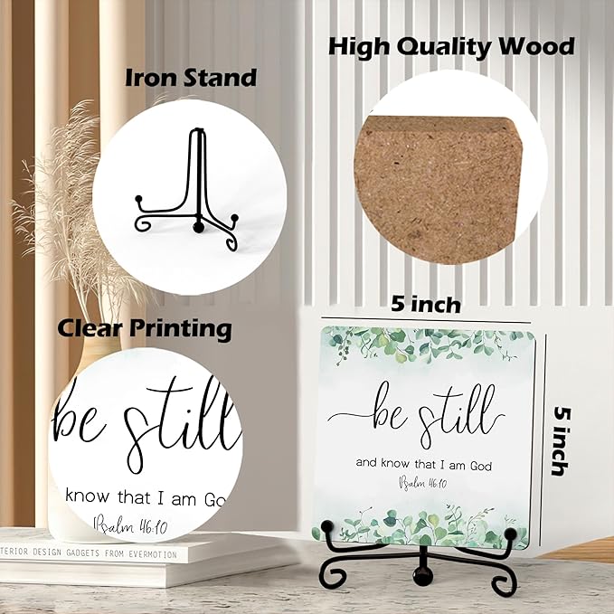 Inspirational Christian Desk Decor, Be Still And Know That I Am God Eucalyptus Sign, Desk Decorations For Office Home Living Room Bathroom, Eucalyptus Shelf Decor, Wooden Plaque With Stand (07)