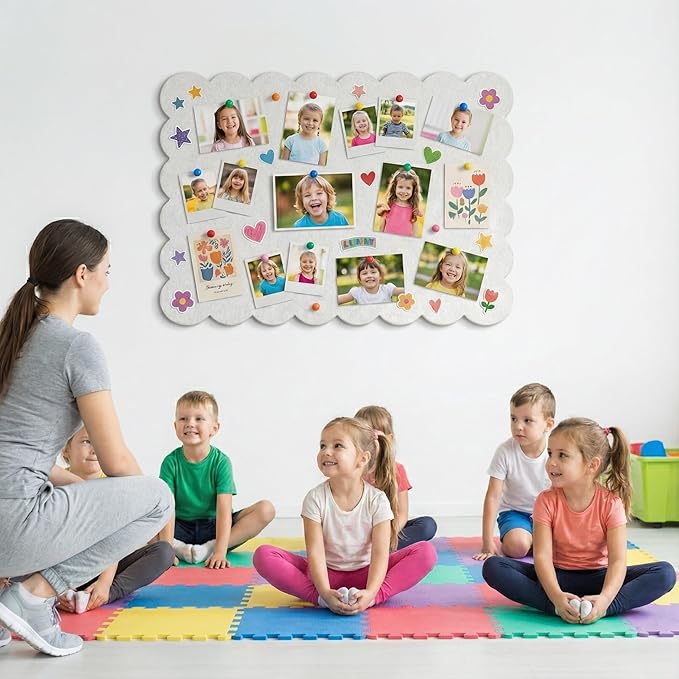 Scalloped White Felt Bulletin Board 36x24 Inches - Self-Adhesive Foldable, with 30 Pushpins, Cork Board Alternative - Decorative Pin Board for Wall, Home, Office & School
