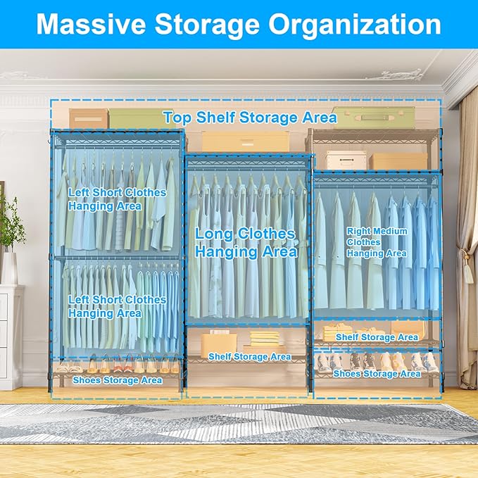 Ulif E13 Pro Heavy Duty Clothes Rack（With 4 Hanger Rods & 8 Shelves） Freestanding Clothing Racks for Hanging Clothes，Adjustable Closet，Metal Garment Rack 75" W x16 D x77 H，Max Load 1000LBS，Black
